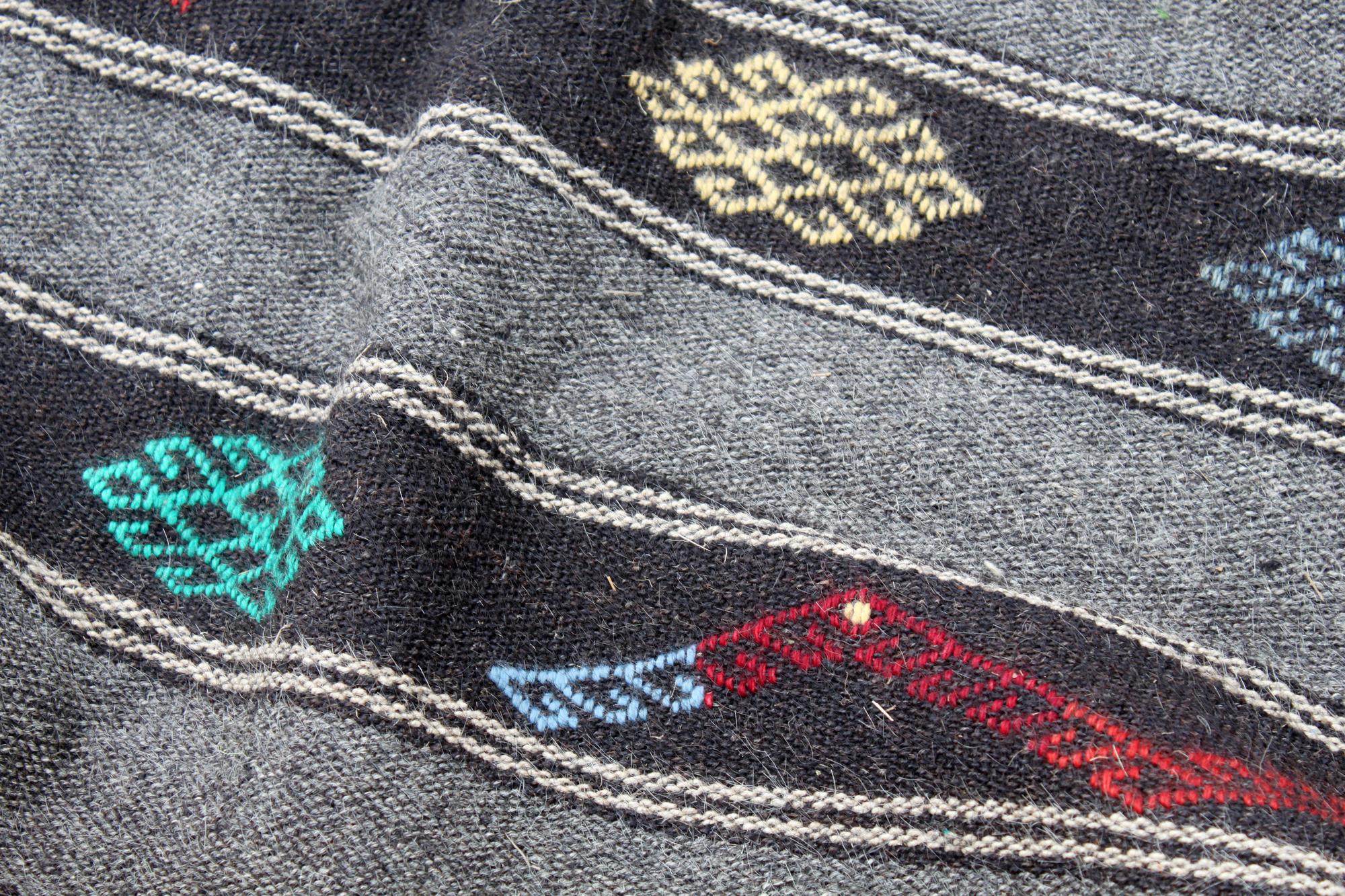 close-up of colorful embroidered patch on denim